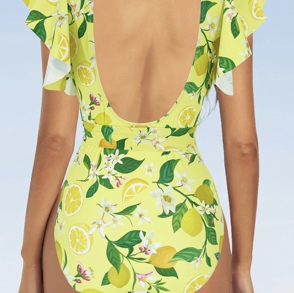 New Womens Binlowis V Neck One Piece Belt Swimsuit Lemons Floral  Size M - Picture 7 of 7